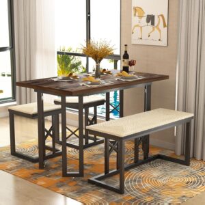 VECELO 43.3″ Dining Table Sets, Farmhouse Small Kitchen Table for 4 with 3 Benches Wicker Mats,Metal Frame Space-Saving Adjustable Feets Coffee Table for Home Kitchen Dining, Dark Brown