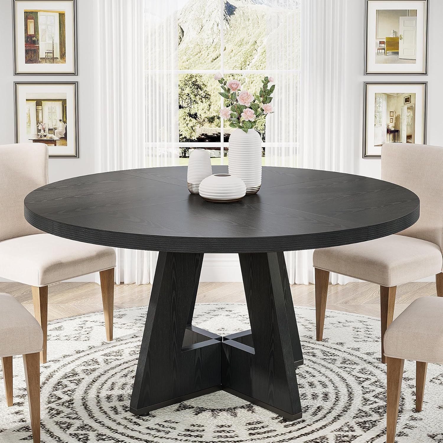 Tribesigns Round Dining Table Wood Kitchen Table for Dining Room, 47 in Dinning Room Tables for 4 Man, Farmhouse Dinner Table with Wooden Tabletop and Cross Base, Black