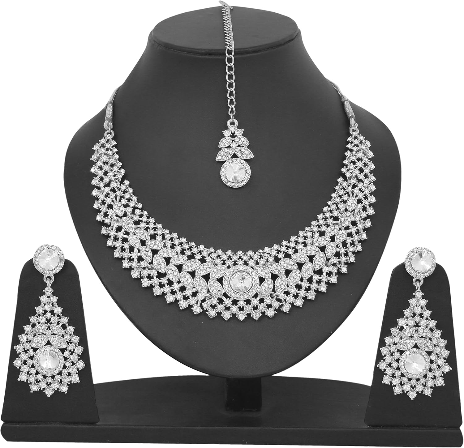 Touchstone Indian jewelry set for women rhinestone bridal necklace statement wedding brides earring formal big designer collar style trendy desi rhinestones maang tikka fashion in gold or silver tone - Image 3