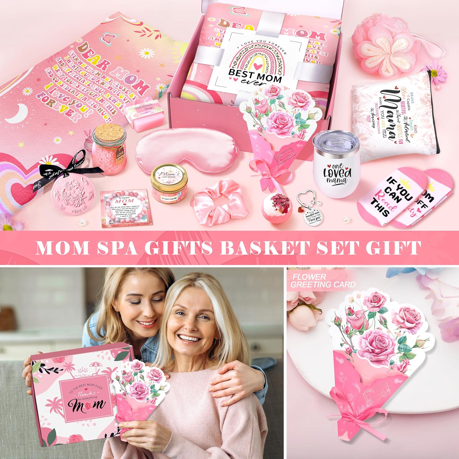 Mother's Day Baskets Gifts for Mom - 16 Pcs Luxury Self-Care Gift Basket for Mothers Day Mama (Pink) - Image 7