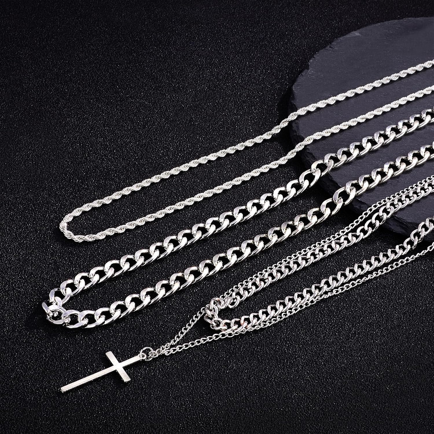 33 Pcs Silver Jewelry Set for Men Stainless Steel Band Ring Cuban Link Necklace Bracelet Hoop Stud Earrings Mens Jewelry Set - Image 6