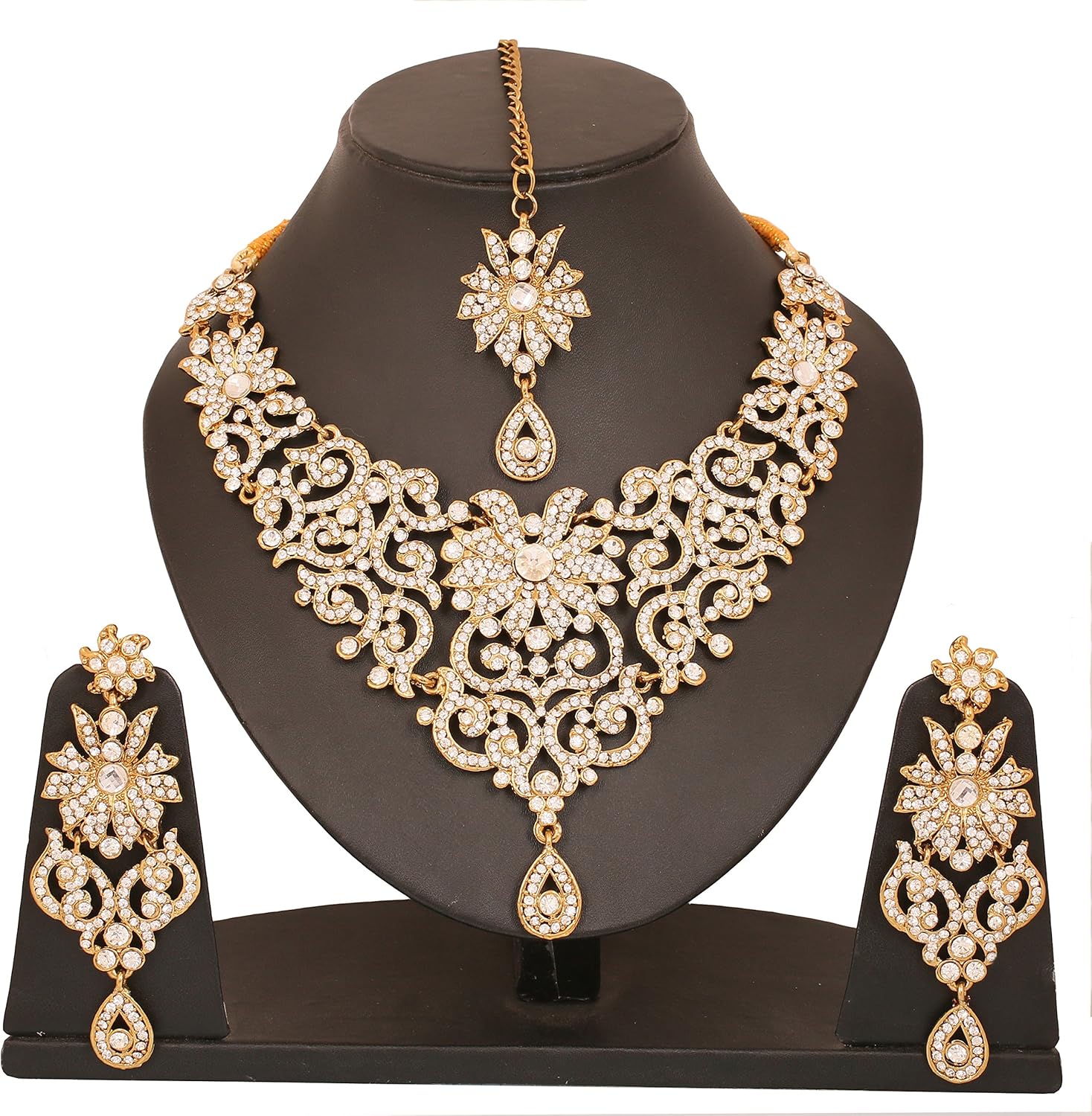 Touchstone Indian Jewelry Sets for Women Bollywood Wedding Bridal Necklace desi Earrings Formal Fancy Rhinestone India Designer Jewellery Punjabi Tikka Set in Antique Gold or Silver or White Tone - Image 4