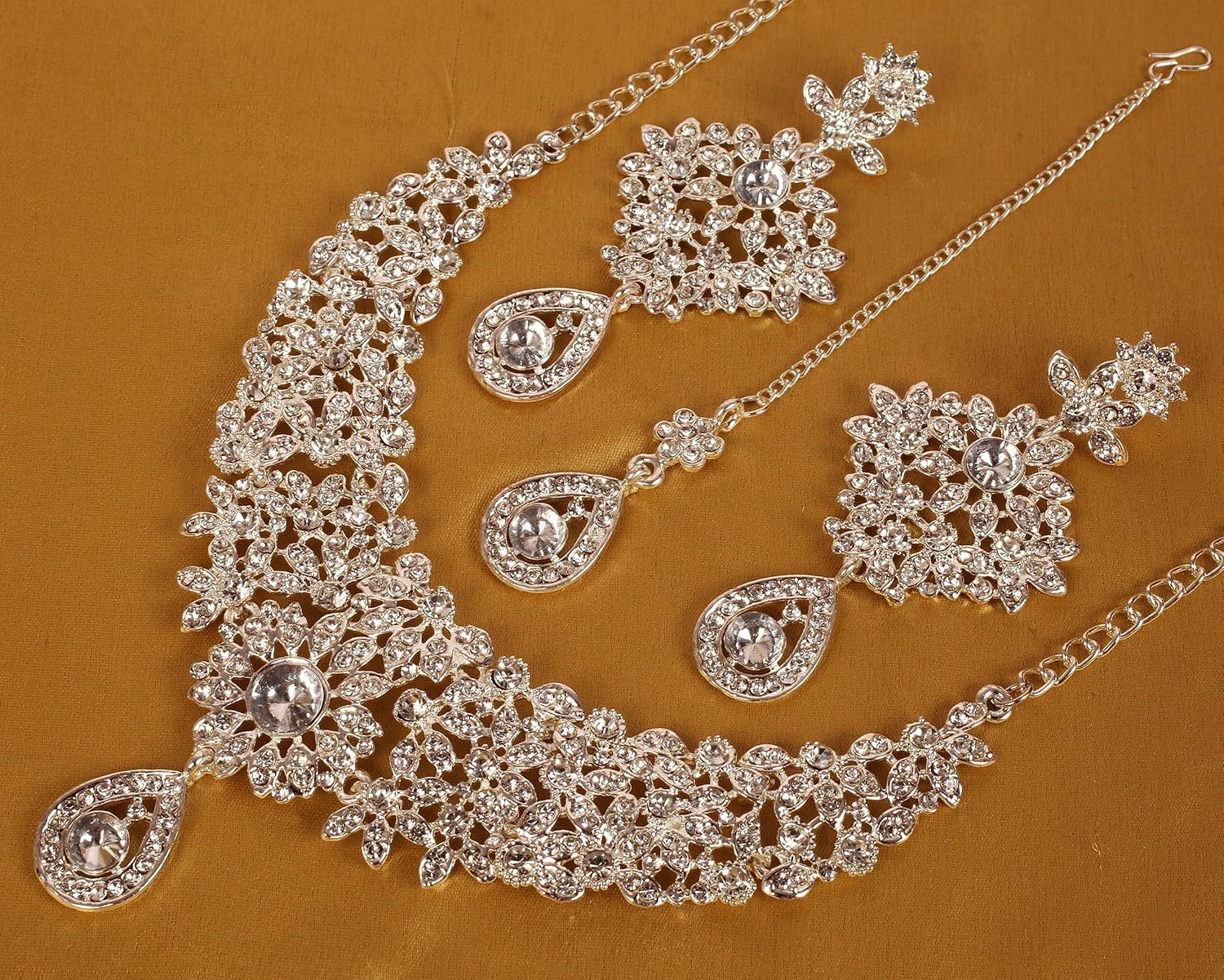 Touchstone Indian Jewelry Sets for Women Bollywood Necklace Earring Wedding high Fashion Victorian Formal Style Jewellery desi Artificial Imitation joyeria Rhinestone in Antique Gold or White Tone. - Image 6