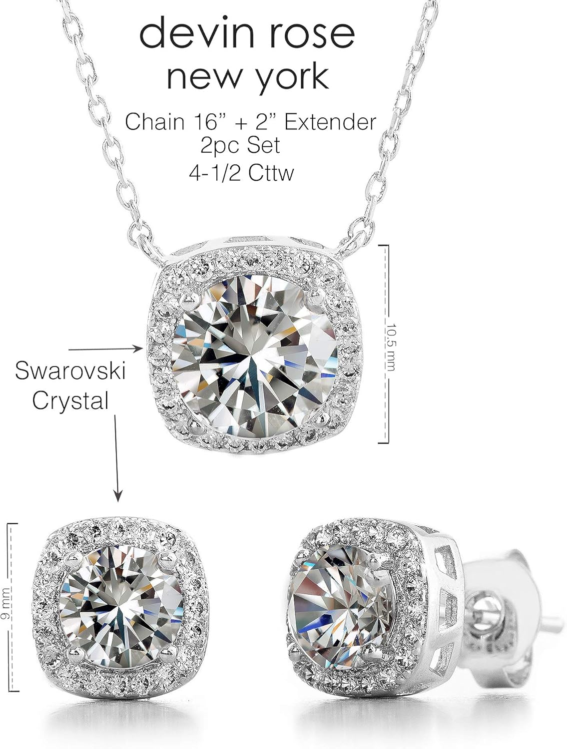Devin Rose Stud Halo Cushion Shaped Earrings for Women and 18 Inch Necklace for Women Jewelry Set made with Faceted Crystals - Image 4