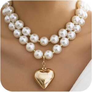 Statement Big Pearl Gold Heart Necklace for Women Trendy, Layered Cute Beaded Chunky Pearls Silver Love Hearts Pendant Choker Necklaces Y2k Party Jewelry Gifts