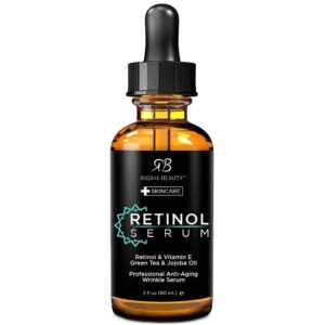 Radha Beauty Premium 2oz Retinol Serum with Hyaluronic Acid, Vitamin E, Jojoba, & Green Tea – Anti-Aging Skin Care Solution for Smoother, Firmer Skin – Brightening, Hydrating Formula