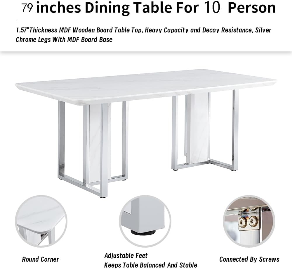 79" Modern Dining Table Set for 8,White Dining Room Table Set with Silver Chrome Pedestal,79" Glossy Kitchen Room Table Set for 8-10 Person,Dining Room Table with 8 Chairs,Faux Marble - Image 3