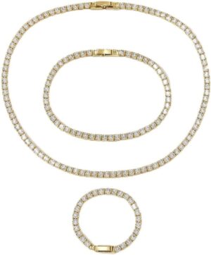 Gold Tennis Jewelry Set For Women- 3-Piece Set: 2 Princess Cut Necklace & 1 Bracelet, Brass & Rhinestone, 14″/16″ Necklaces, 7″ Bracelet – Elegant Necklaces for Special Occasions