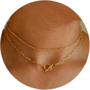 CHESKY Gold Layered Necklaces for Women, 14K Dainty Gold Chain Necklace Women Trendy Cuban Link Paperclip Chain Toggle Clasp Necklace Fashion Chunky Jewelry for Women