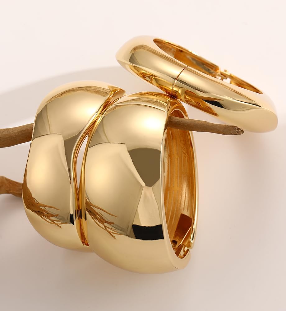 Chunky Gold Bangle Bracelets for Women, Dainty 14k Gold Plated Big Stackable Bangles Set, Trendy Cuff Bracelet Stack Fashion Jewelry Gifts - Image 3