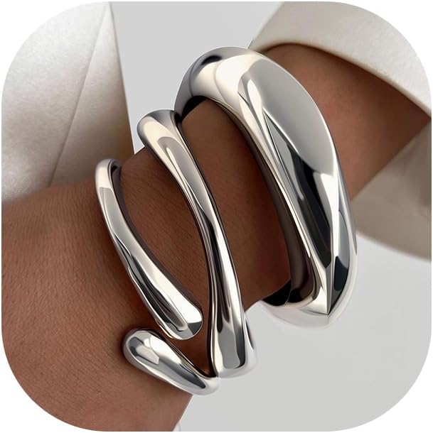 Chunky Gold Bangle Bracelets for Women, Dainty 14k Gold Plated Big Stackable Bangles Set, Trendy Cuff Bracelet Stack Fashion Jewelry Gifts