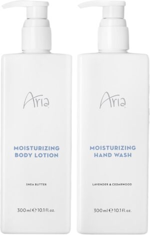 Aria Skin Care Set – Hand Wash & Body Lotion – Scented with Cedarwood, Green Mandarin, Lavender – Hotel Body Care Amenities – 10 oz, White