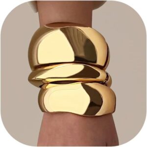 Chunky Gold Bangle Bracelets for Women, Dainty 14k Gold Plated Big Stackable Bangles Set, Trendy Cuff Bracelet Stack Fashion Jewelry Gifts