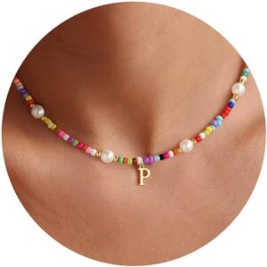 M MOOHAM Colorful Initial Necklaces for Girls – Beaded Pearl Choker Necklace for Women Teen Girl Colorful Summer Boho Necklace Jewelry, Trendy Personalized Letter Initial Gifts Birthday Gifts Kids