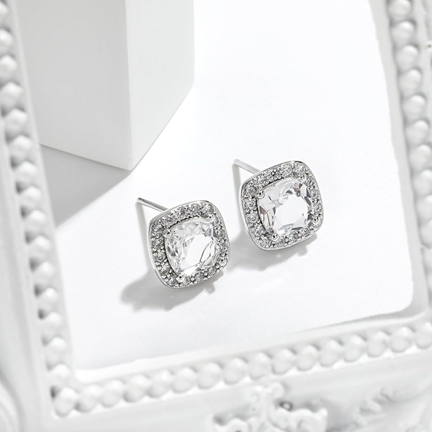 Cubic Zirconia Necklace and Earrings Set for Women 14K White Gold Plated Bridesmaid Silver Jewelry Set for Women Pendant Necklace Hypoallergenic Stud Earrings Set Jewellery Gift for Mom Wife Bride Bridesmaid - Image 4