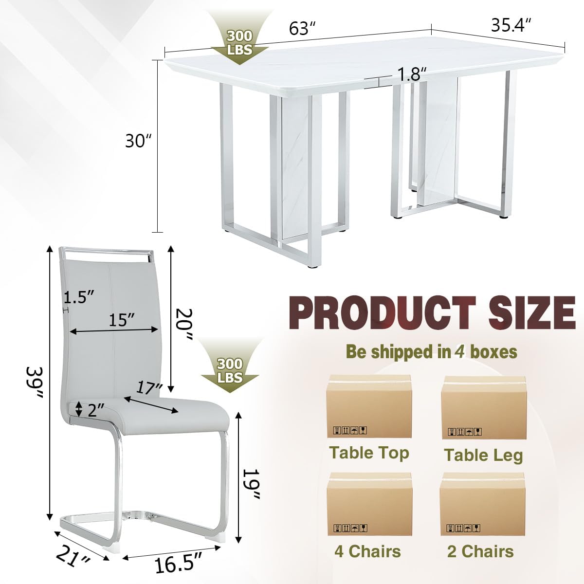 63" Dining Table Set for 6,White Dining Table Set with Chrome Plate Leg, Faux Marble Kitchen Table and Chairs Set of 6,Modern Dining Room Table Set for Dinner Room,High Glossy,Sturdy Structure - Image 3