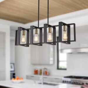 35.4″ Kitchen Island Lighting Fixture, Dining Room 4 Lights Chandeliers, Black Wood+Metal Pendant Light for Foyer Hallway Living Room