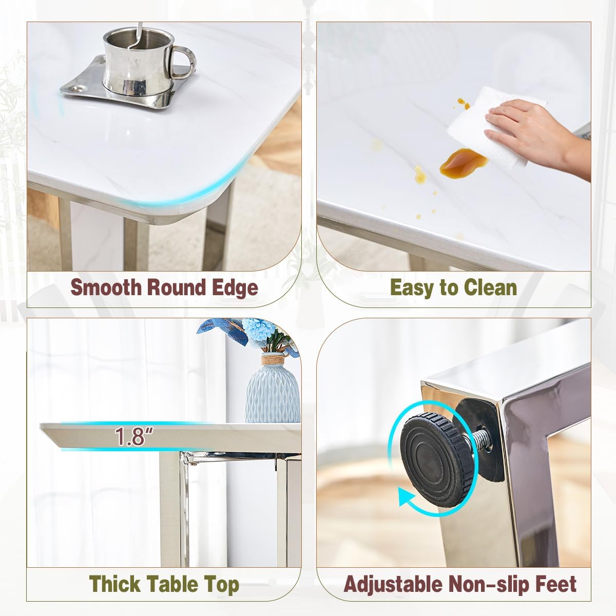 63" Dining Table Set for 6,White Dining Table Set with Chrome Plate Leg, Faux Marble Kitchen Table and Chairs Set of 6,Modern Dining Room Table Set for Dinner Room,High Glossy,Sturdy Structure - Image 5