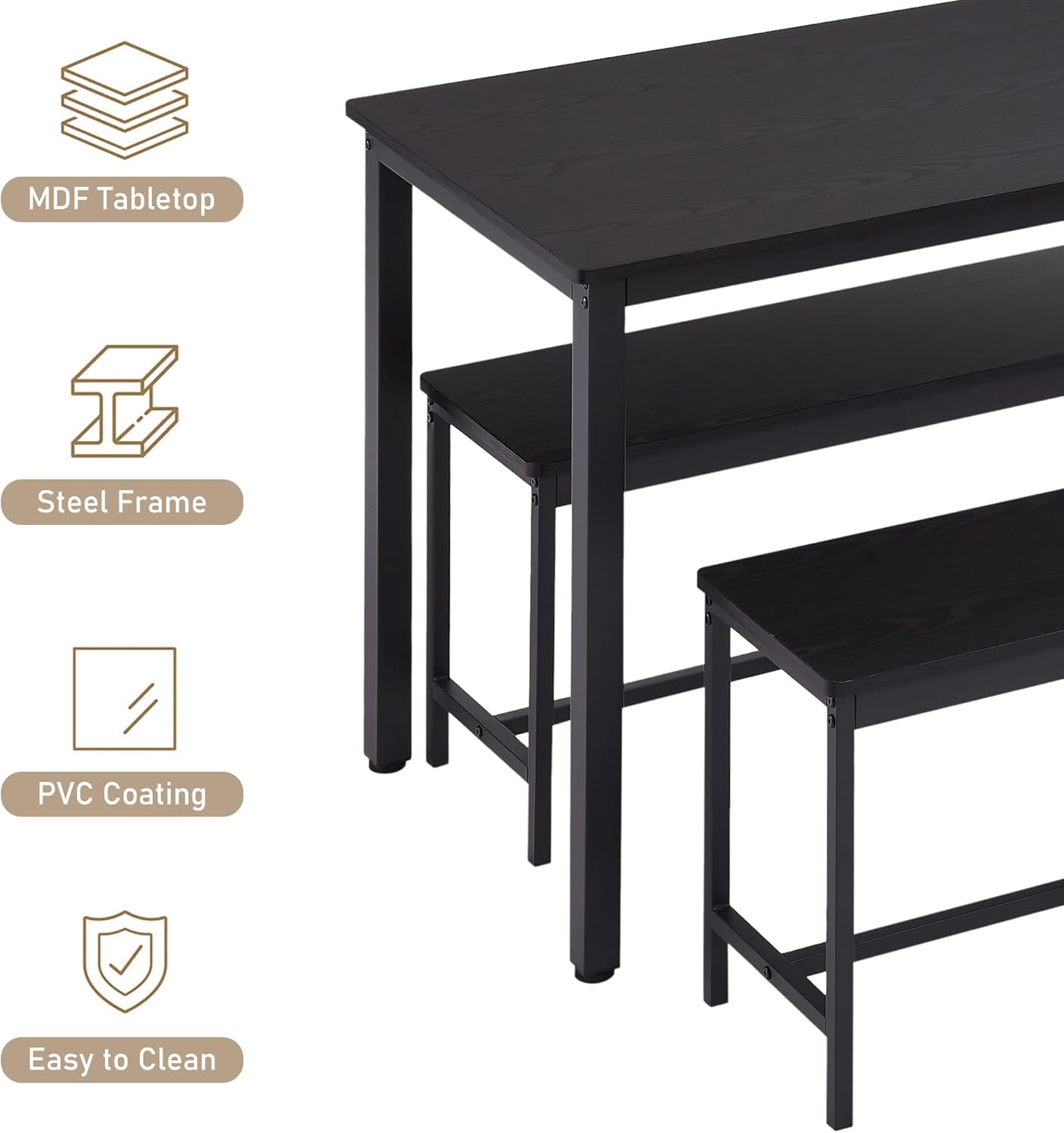 Dining Table Set for 4, Kitchen Dining Chairs Set with 2 Benches, 43.5 Inch Small Kitchen Dining Room Table and Chairs Set for 3-Piece Breakfast Nook and Small Space, Black - Image 6