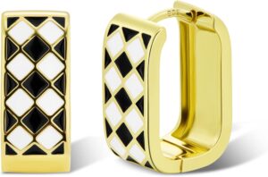 14K Gold Plated Hoop Earrings for Women Trendy Dainty Checkered Hoop Earrings White Black Enamel Sterling Silver Post Hypoallergenic Chic Checker Small Chunky Huggie Hoops Earring