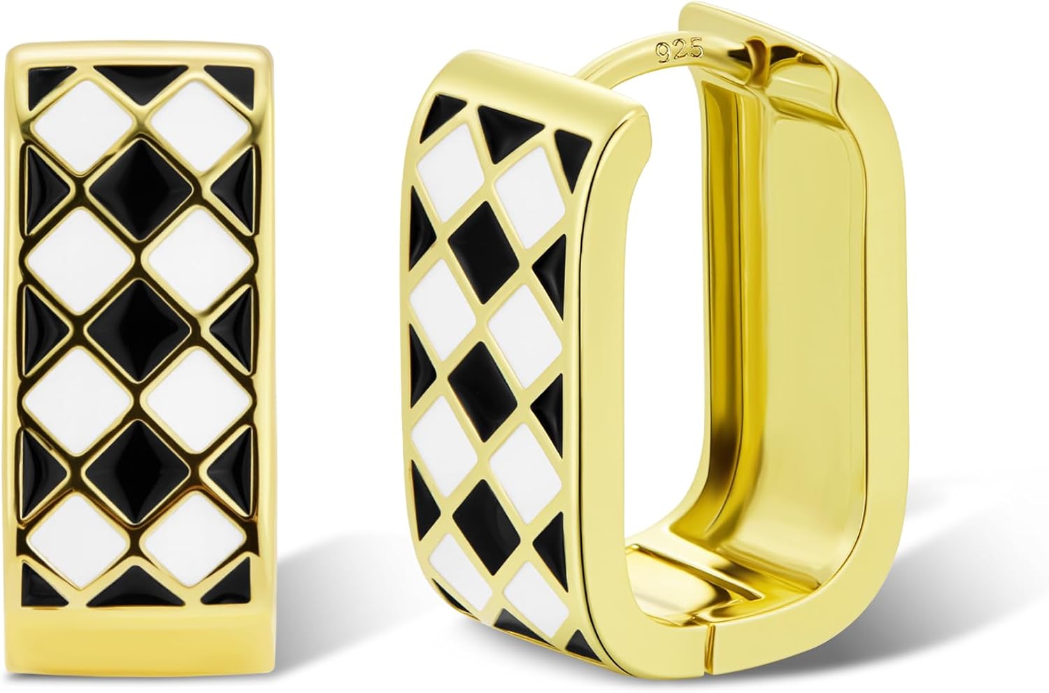 14K Gold Plated Hoop Earrings for Women Trendy Dainty Checkered Hoop Earrings White Black Enamel Sterling Silver Post Hypoallergenic Chic Checker Small Chunky Huggie Hoops Earring