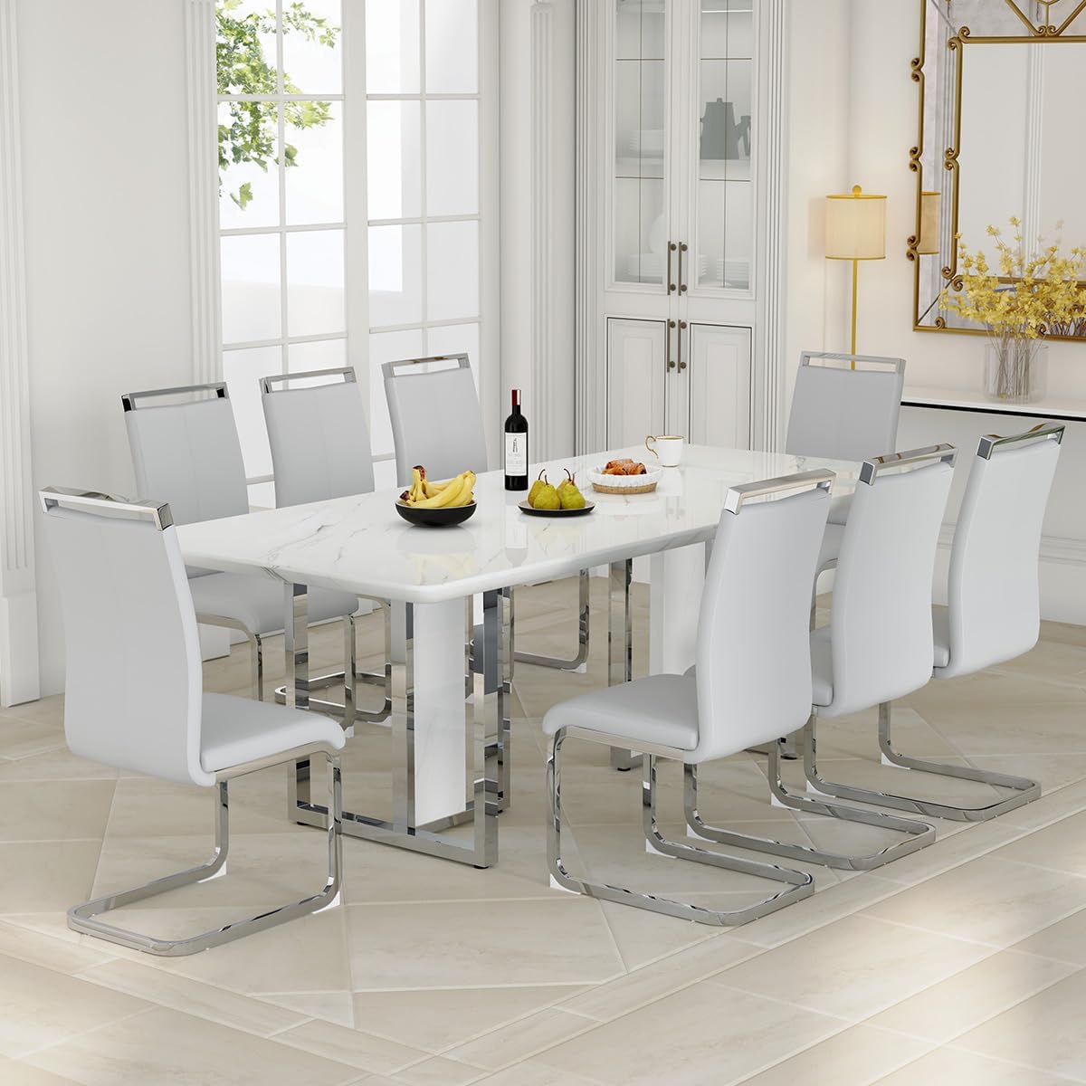 79" Modern Dining Table Set for 8,White Dining Room Table Set with Silver Chrome Pedestal,79" Glossy Kitchen Room Table Set for 8-10 Person,Dining Room Table with 8 Chairs,Faux Marble - Image 8