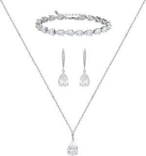 SWEETV Bridal Jewelry Set for Wedding, Cubic Zirconia Necklace Dangle Drop Earrings Bracelet Set, Teardrop Marquise Brides Bridesmaids Wedding Prom Anniversary Jewelry Gifts for Women