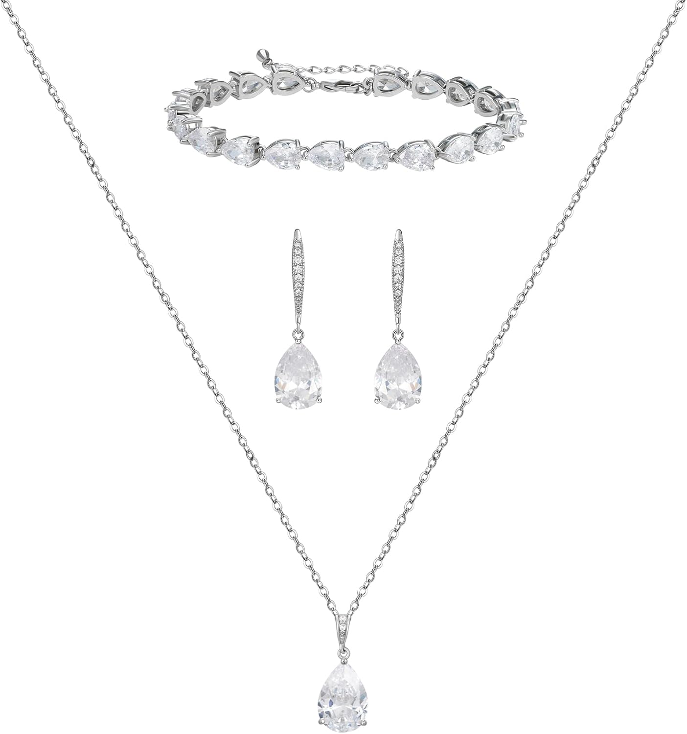SWEETV Bridal Jewelry Set for Wedding, Cubic Zirconia Necklace Dangle Drop Earrings Bracelet Set, Teardrop Marquise Brides Bridesmaids Wedding Prom Anniversary Jewelry Gifts for Women