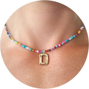 VRIUA Colorful Initial Necklaces for Women – Bubble Letter Necklace Handmade Beaded Necklace Dainty Cute Beach Boho Necklaces for Women Trendy Jewelry Choker Necklace