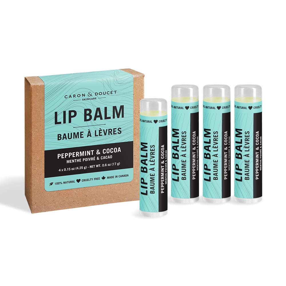 Caron & Doucet - 100% Natural Lip Balm - Premium Beeswax & Olive Oil Moisturizing Lip Balm - Best for Dry Chapped Lips. (Pack of 4, Peppermint & Cocoa)