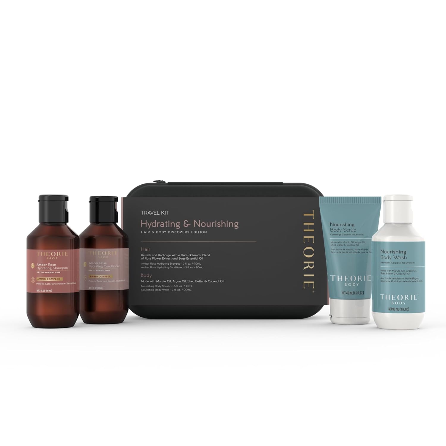 THEORIE Hydrating & Nourishing Travel Kit – Amber Rose & Nourishing Collection | Shampoo, Conditioner, Body Wash & Exfoliating Scrub | Clean Beauty for Hair & Skin - Image 4