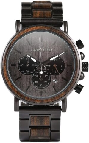 2win Mens Wooden Watches Luxury Stainless Steel Wood Watch for Men Chronograph Quartz Watches