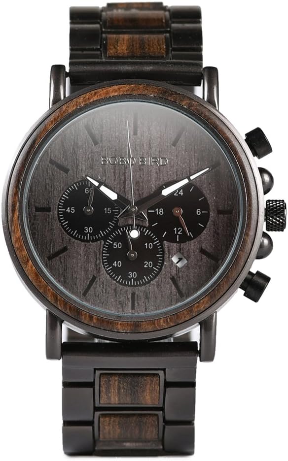 2win Mens Wooden Watches Luxury Stainless Steel Wood Watch for Men Chronograph Quartz Watches