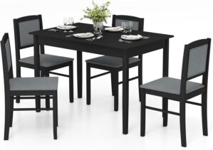 Tangkula Dining Table Set for 4, Farmhouse Solid Wood Dinette Set w/Rubber Wood Legs, Upholstered Seat & Padded Backrest, Mid-Century Modern Dining Table and Chairs Set for Kitchen, Dining Room