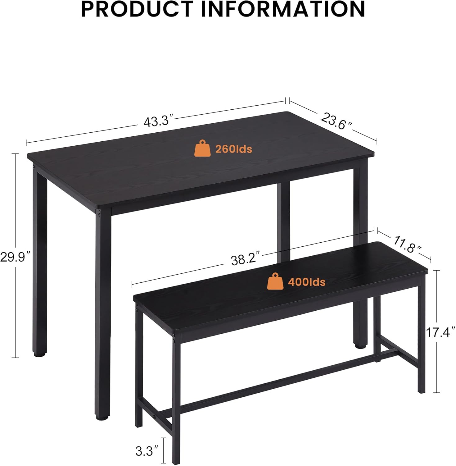 Dining Table Set for 4, Kitchen Dining Chairs Set with 2 Benches, 43.5 Inch Small Kitchen Dining Room Table and Chairs Set for 3-Piece Breakfast Nook and Small Space, Black - Image 2