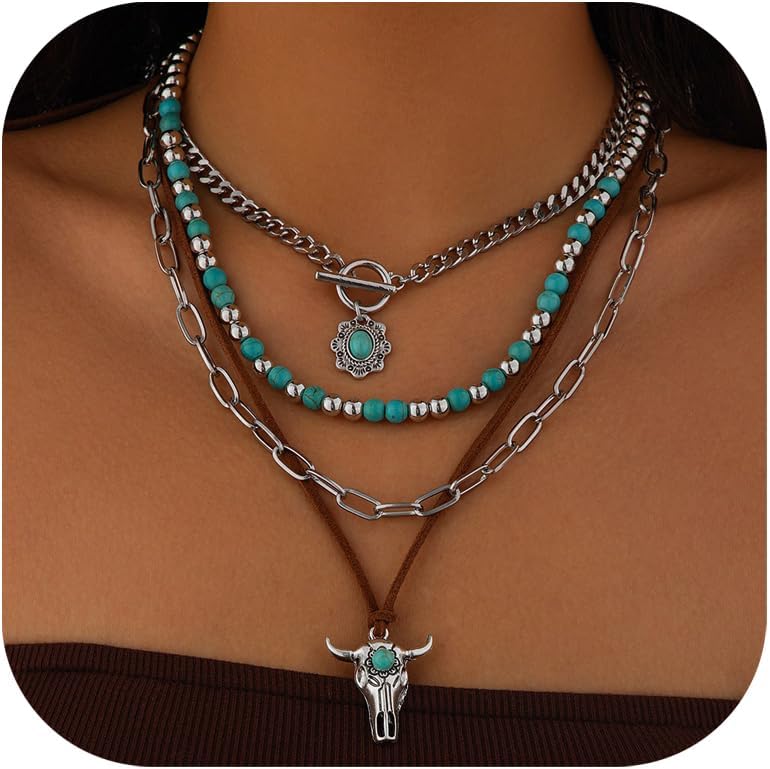 CSIYANJRY99 Layered Western Necklaces for Women Vintage Turquoise Beaded Western Jewelry for Women Ox-head Cactus Cross Chain Necklaces Country Concert Cowgirl Dresses Accessories
