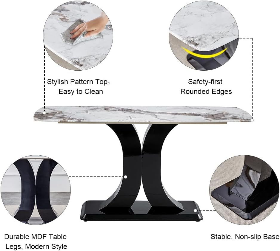 Modern Dining Table Set for 6, Marble Kitchen Table Chair Set for 6, Rectangular Kitchen Table with 6 Pu Leather Upholstered Chair for Dining Room - Image 5