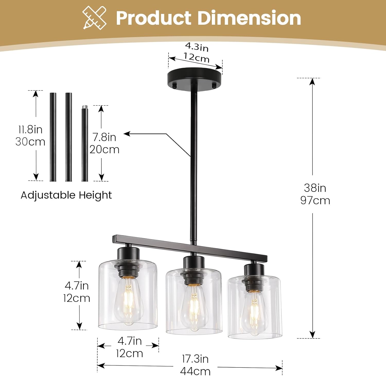 3-Light Kitchen Island Lighting, Black Pendant Light Fixture, Farmhouse Dining Room Light Fixtures Over Table, Modern Hanging Light Fixtures with Clear Glass, E26 Base, Bulbs Not Included - Image 3