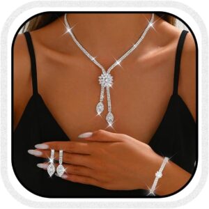 CLOACE Rhinestone Wedding Bridal Jewelry Set Sparkly Earrings Bracelet Prom Necklace Accessories for Women