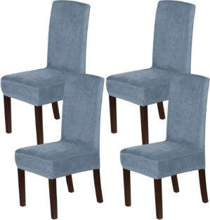 H.VERSAILTEX Velvet Dining Chair Covers Stretch Chair Covers for Dining Room Set of 4 Parson Chair Slipcovers Chair Protectors Covers Dining, Soft Thick Solid Velvet Fabric Washable, Stone Blue