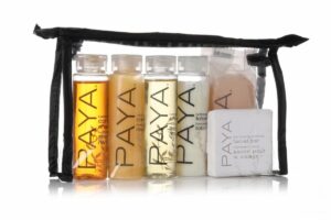 Paya Organics Toiletry Travel Set – Shampoo, Hair Conditioner, Shower Gel, 2 Facial Soap & Tote Bag