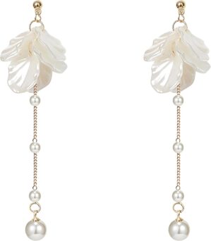 Seashell Pearl Flower Dangle Earrings for Women – Elegant Double Layer White Freshwater Pearl Bridal Jewelry, Lightweight Sparkly Golden Stud Drop Earrings for Wedding/Beach/Summer Party