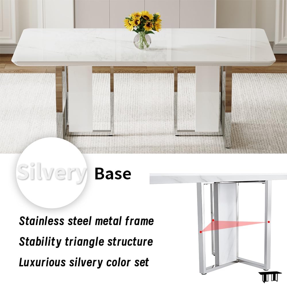 79" Modern Dining Table Set for 8,White Dining Room Table Set with Silver Chrome Pedestal,79" Glossy Kitchen Room Table Set for 8-10 Person,Dining Room Table with 8 Chairs,Faux Marble - Image 4