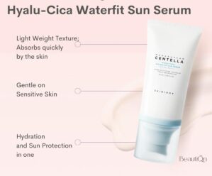 Hyalu CICA Water-fit Sun Serum 50 ML – Lightweight, Hydrating Serum with Protection, Soothing for Sensitive Skin, Moisturizing & Non-Greasy andGeoMetal™ Gauze Pad