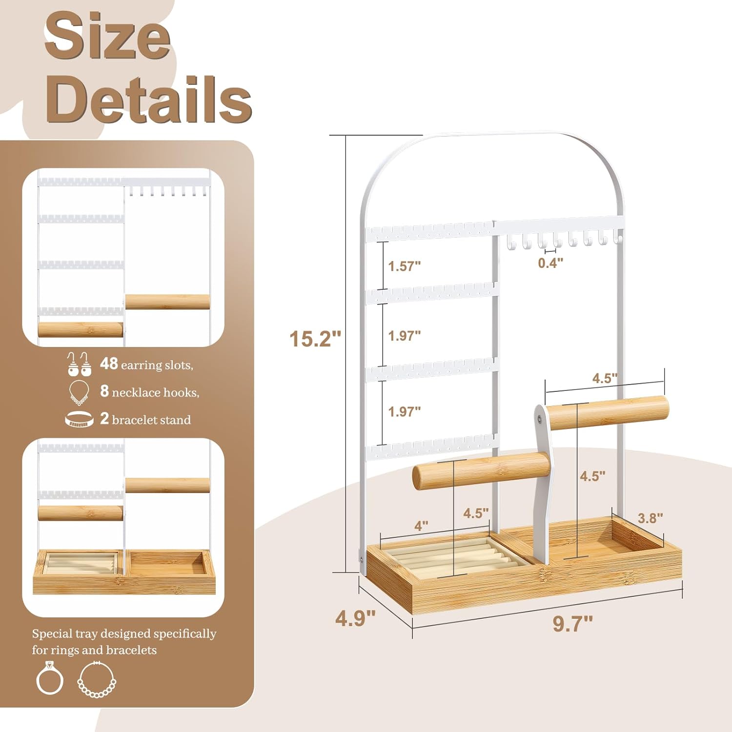 BMOSU Jewelry Organizer Stand with Velvet Ring Holder 2 Bracelet Holder Display 4 Tier Jewelry Rack with 8 Necklace Hooks and 48 Earring Holes Organizer Storage Wooden Box White - Image 7