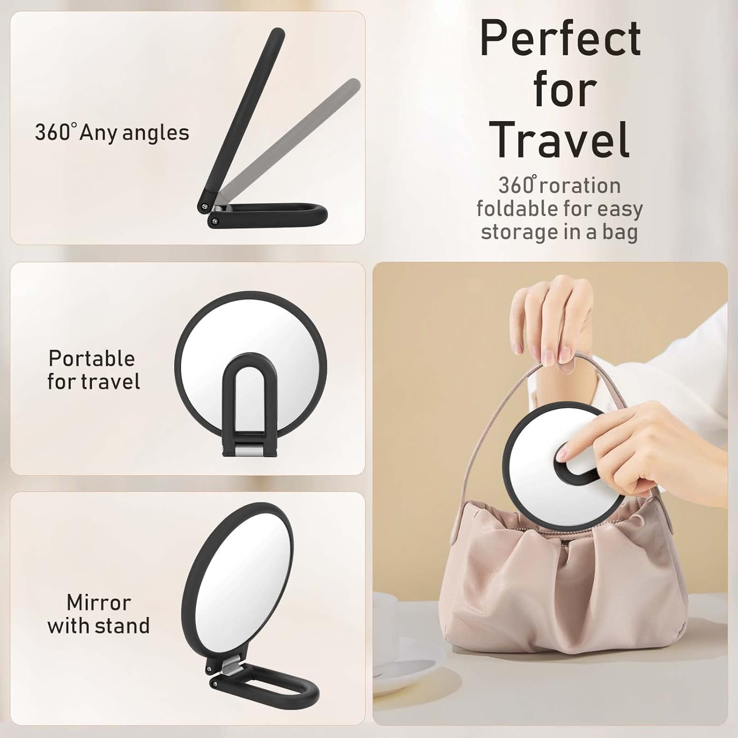 Magnifying Handheld Mirror Double Sided, 1X 15X Magnification Hand Mirror, Travel Folding Held Adjustable Rotation Pedestal Makeup Desk Vanity - Image 6