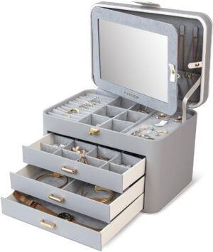 KAMIER Jewelry Organizer for Women, 4 Layer Jewelry Box with Mirror, 3 Drawers, Large Jewelry Storage Boxes for Bracelets, Earrings, Rings, Necklaces, Mothers Day Gifts for Loved One