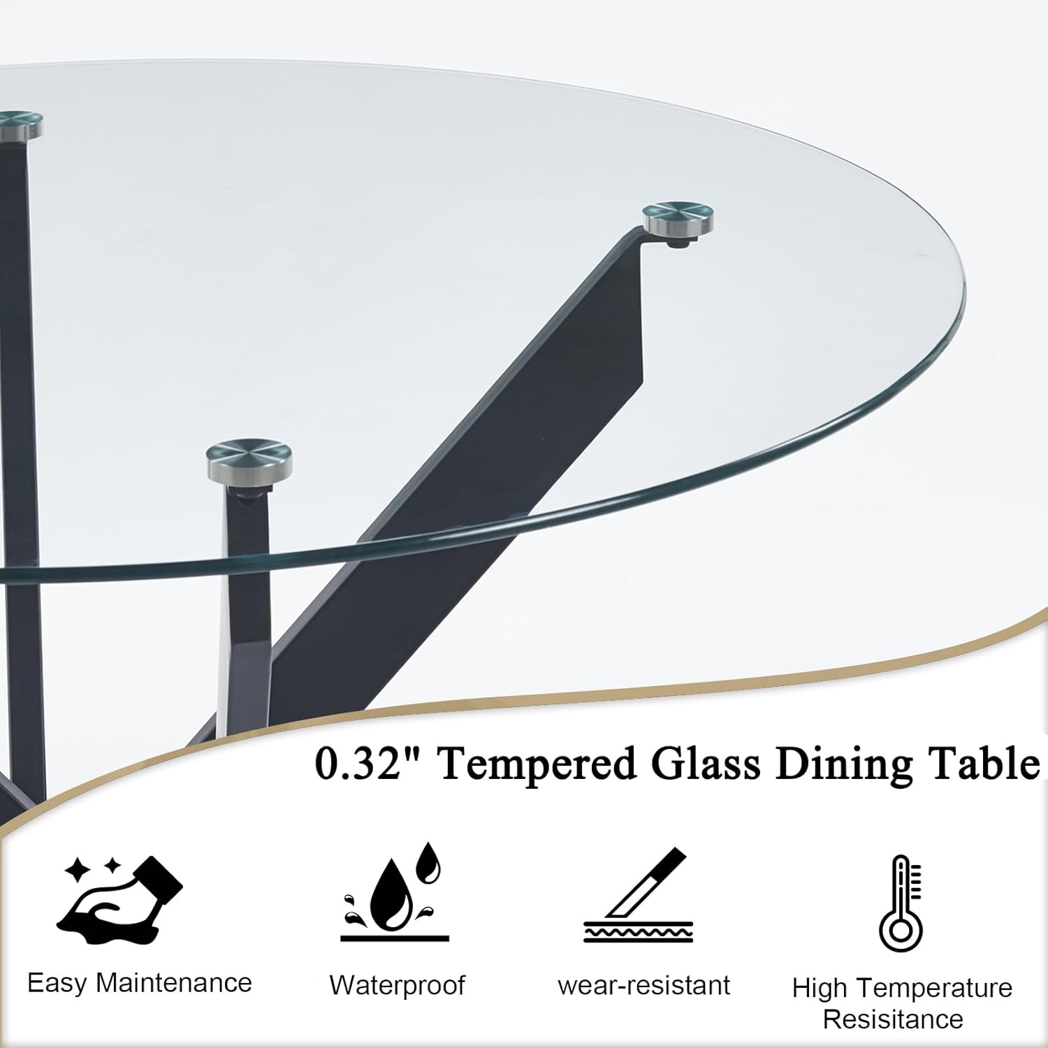 36" Round Dining Table for 4, Modern Clear Glass Kitchen Table for 4 with Black X Metal Legs, Contemporary Small Circle Dining Room Leisure Tables for Kitchen Apartment - Image 4