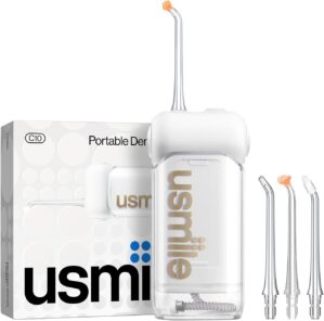 usmile C10 Portable Water Flosser – Travel-Friendly, 95-Day Battery, 4 Modes, 360° Nozzle, 180ml Tank, IPX7 Waterproof, Dentist-Recommended for Braces, Implants & Sensitive Gums (White)