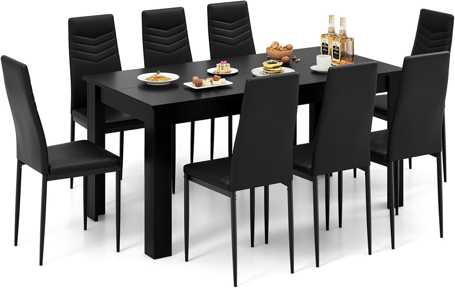 Giantex 9-Pieces Dining Table Set for 6-8, Modern Rectangular Kitchen Table with 8 PVC Leather Dining Chairs, 330Lbs Space-Saving Dinette Set for Breakfast Nook, Kitchen, Restaurant, Cafe, Black - Image 8